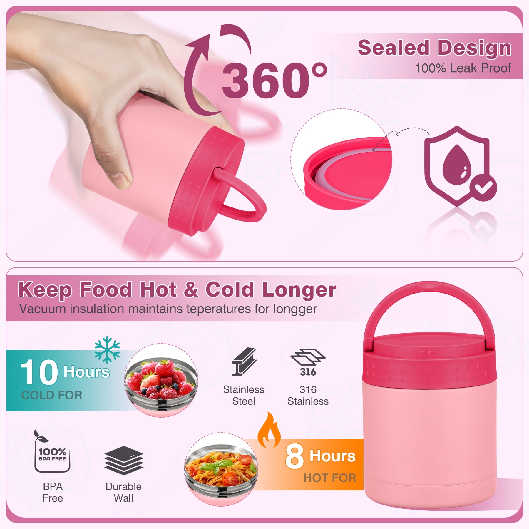 Bento Lunch Box Set with 10.5oz Soup Thermo for Adults Kids, Leak-proof Food Jar Lunch Container with 4 Compartment, Stainless Steel Coffee Tumbler with Lunch Bag for School Travel Office Pink