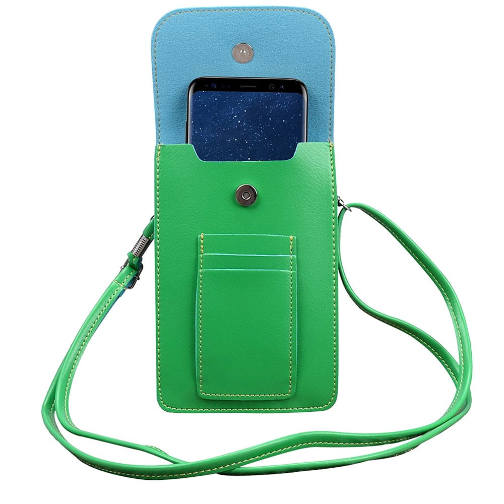 BUNDLE: Vegan Leather Vertical Crossbody Smartphone Pouch Wallet (Green) & Deluxe Stereo Hands-Free Headset (Black) - for Smartphones up to 6.5-inch, Shoulder Strap, Headphones w/ Microphone