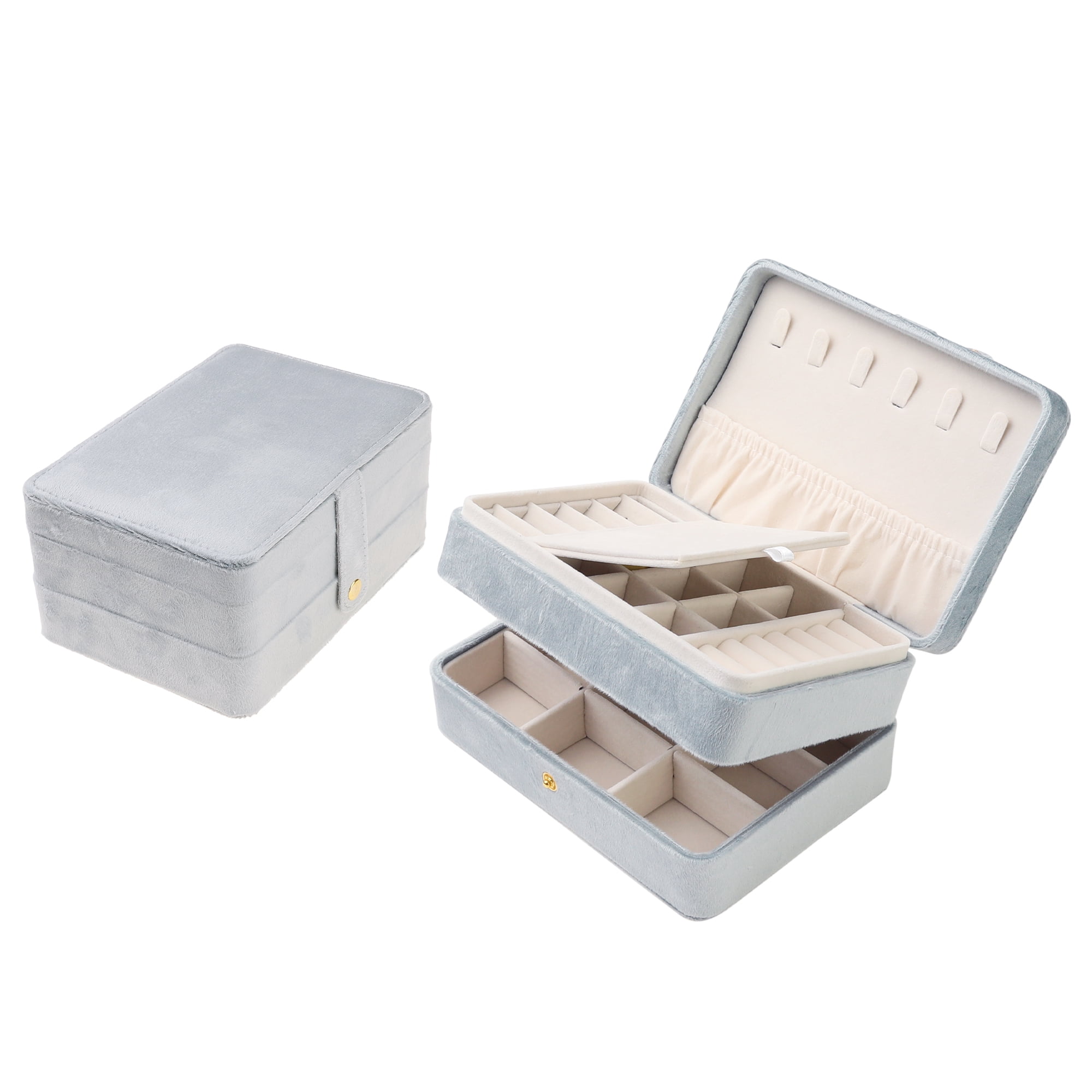 Unique Bargains 2 Layer Jewelry Box Plush Velvet Jewelry Organizer Case Storage Travel Gray