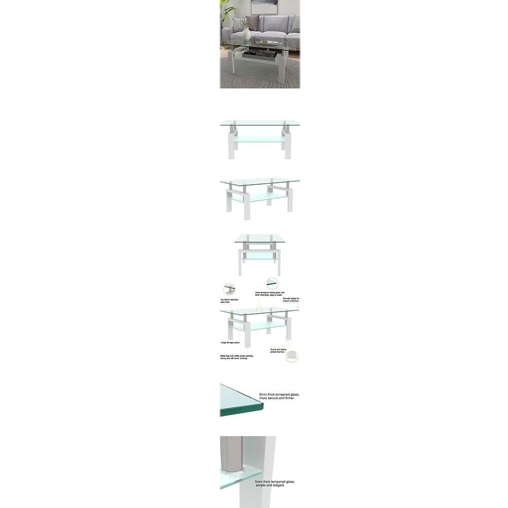 Kadyn Coffee Table, Clear Coffee Table with Storage Rack, Tempered Glass Modern Side Center Tables for Living Room, White Tube Kadyn Coffee Table, Clear Coffee Table with Storage Rack, Tempered Glass Modern Side Center Tables for Living Room, White Tube