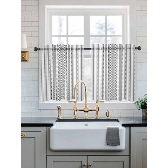 Black White Striped Sheer Kitchen Tier Curtains 24 Inch length,Rod Pocket Half Curtains Short Drapes,Modern Farmhouse Geometric Light Filtering Chiffon Small Window Treatments 2 Panels 27.5"W x 24"L