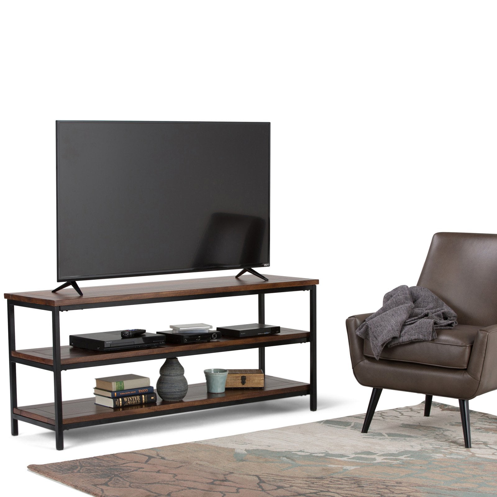 Rhonda Solid Mango Wood TV Stand for TVs up to 66" Dark Cognac Brown - WyndenHall: Industrial Style, Open Shelves, Metal Base