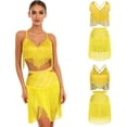 thumbnail image 3 of Aislor Women's Latin Salsa Ballroom V Neck Sleeveless Fringe Crop Top with Swing Skirt Indian Dancewear Yellow S, 3 of 7