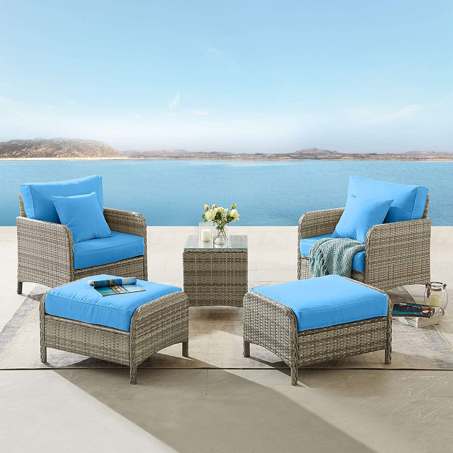 Patio Garden Furniture 5 Pcs Rattan Set Outdoor Table Chairs Ottoman Footstool Sets Patio Garden Furniture 5 Pcs Rattan, Patio Furniture Set Outdoor Chairs With Ottomans