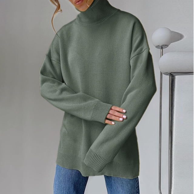 IMENGL Chandail Ample à Col Roulé en Tricot Automne Hiver, Vert m, Taille M-L