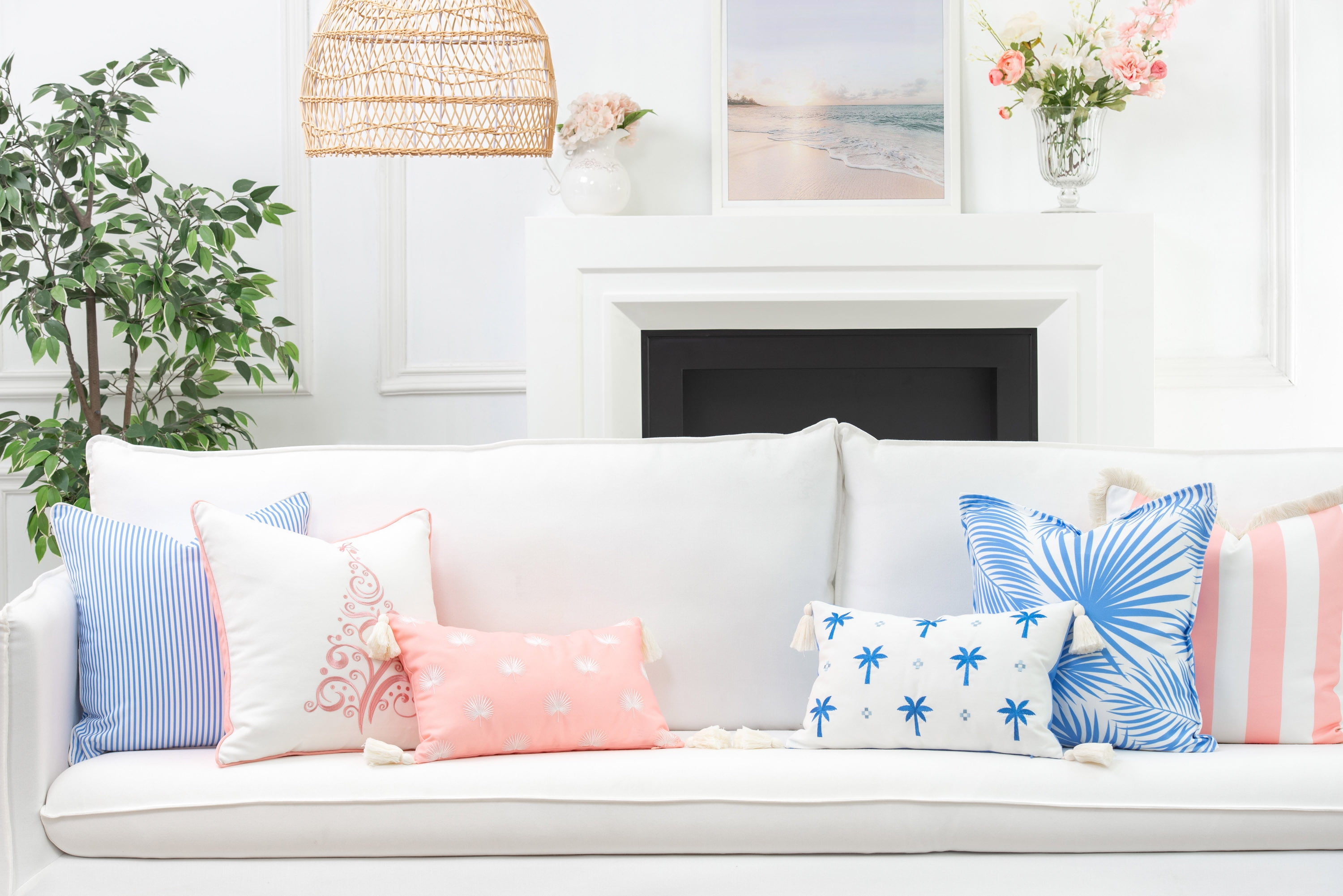 Hofdeco Premium Coastal Patio Indoor Outdoor Lumbar Pillow Cover Only, 12"x20" Water Repellent for Backyard, Couch, Blush Pink Stripe Fringe
