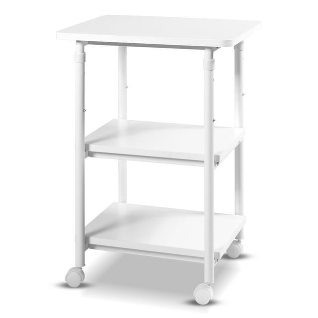 Patiojoy Chariot d'Imprimante à 3 Niveaux Réglable Roulant sous le Bureau avec 3 Étagères de Rangement pour Bureau à Domicile Blanc