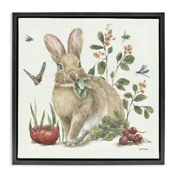Stupell Industries Rabbit & Butterfly Garden Animals & Insects Painting Black Floater Framed Canvas Art Print Wall Art, 18 x 18