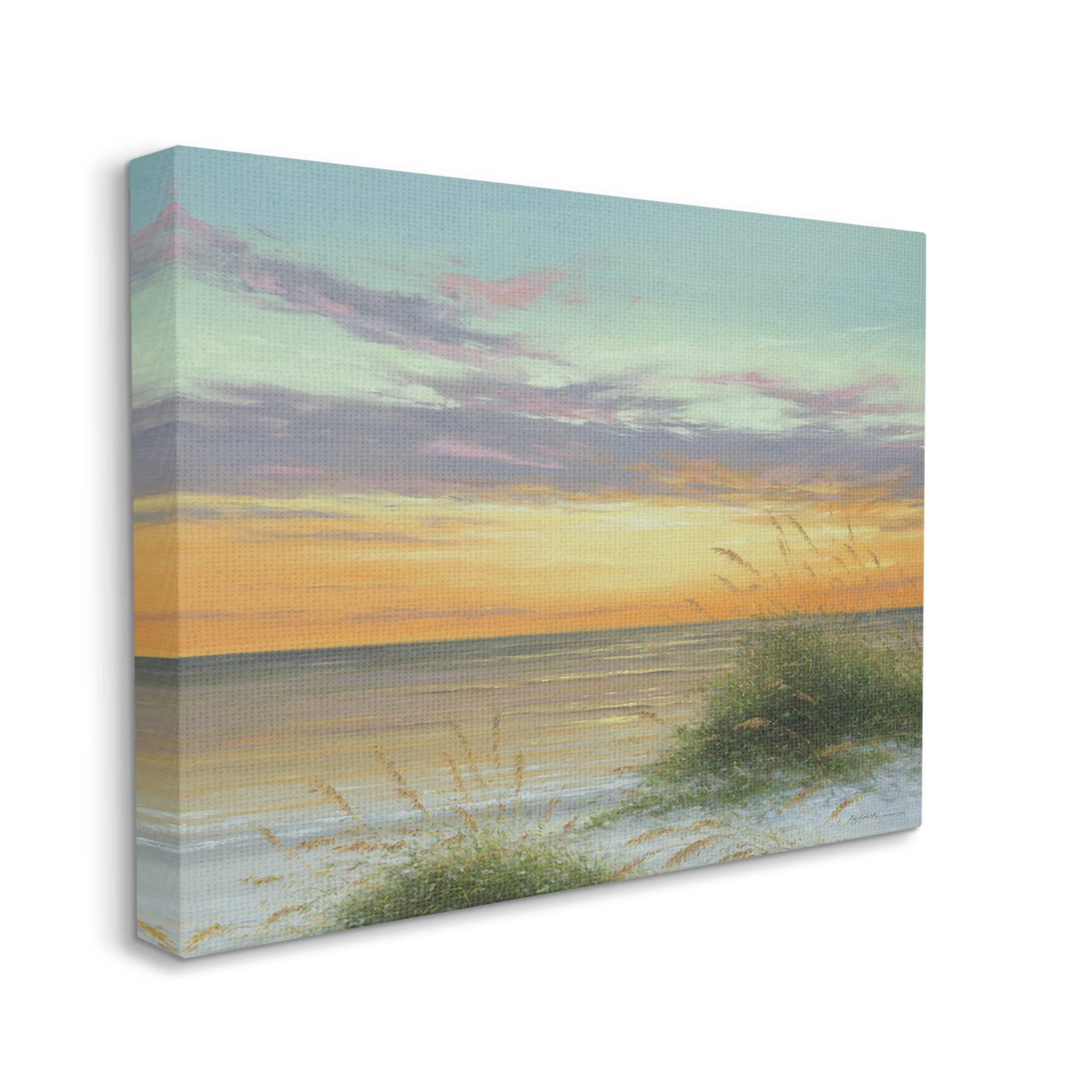 Coastal Reeds Sunset Beach Shore Coastal Painting Gallery Wrapped Canvas Print Wall Art