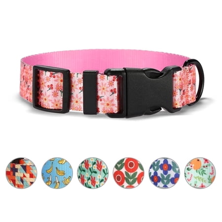 Rychif Cute Dog Collar Pink Floral Pattern Soft Nylon Pet Collars for Medium Large Dogs L