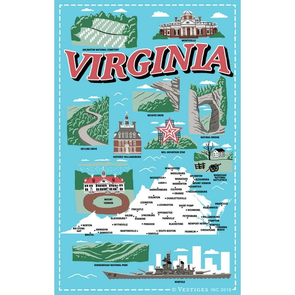 Vestiges Virginia State Icons Souvenir Tea Towel 21.5" x 32" Eco-Friendly