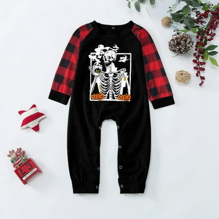 

Christmas Gifts Halloween Funny Pumpkin Skeleton Plaid Print Long Sleeve T Shirt Top And Pants Holiday Family Matching Pajamas Outfit Polyester Black 24