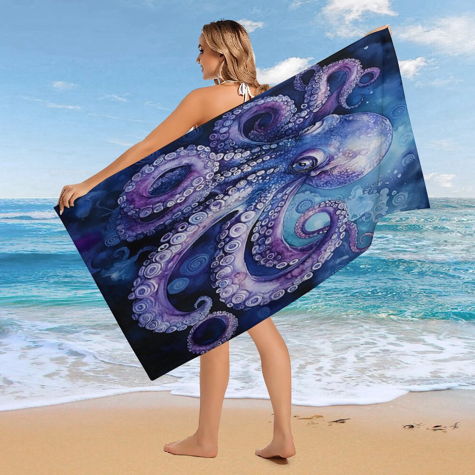 MaSiledy Beach Towels Watercolor Octopus Nautical Coastal Personalized Beach Towels Microfiber Absorbent Quick Dry Octopus Decor Microfiber Sand Free for Kids Adults 30x60 inch