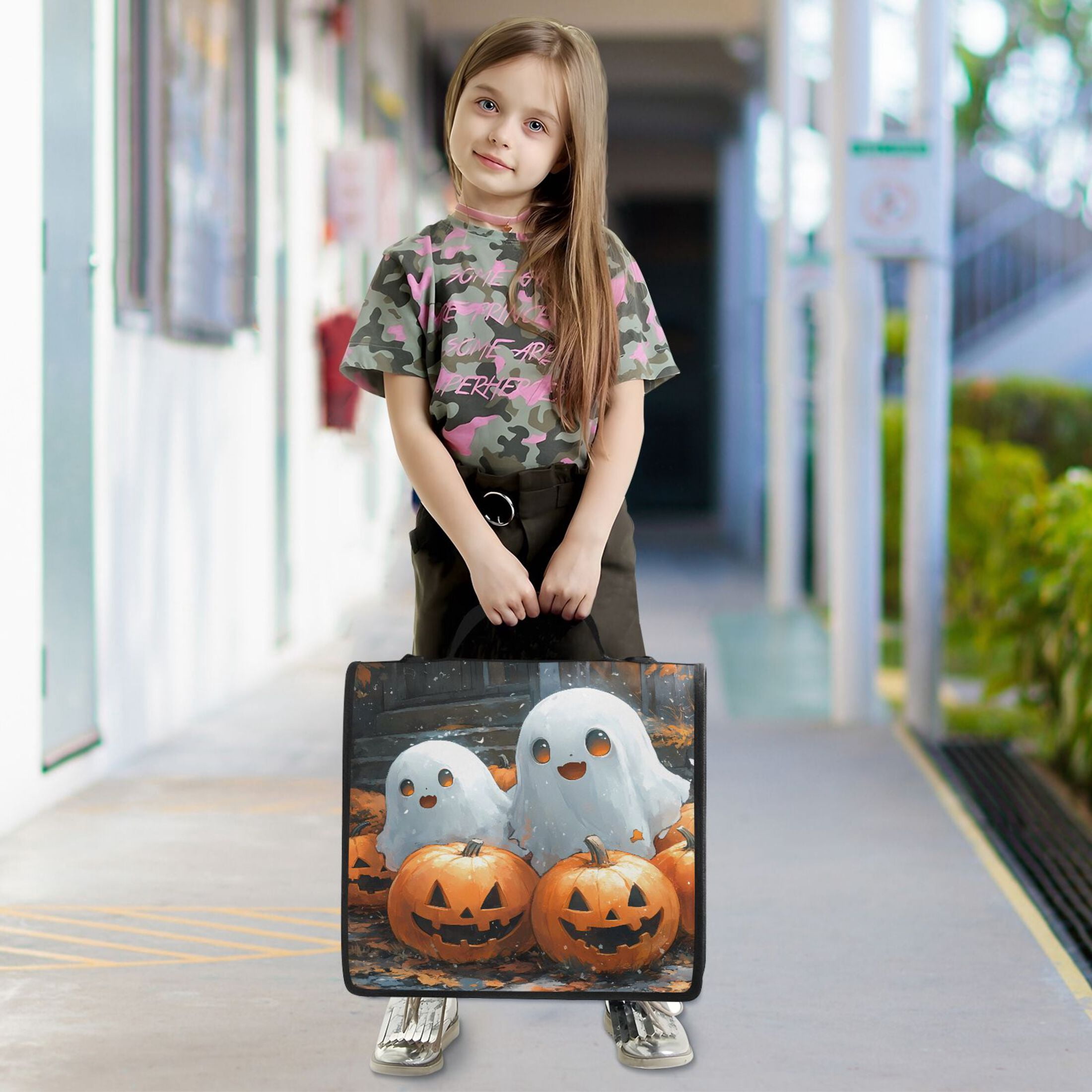 3 Ring Zipper Binder with Shoulder Strap Waterproof Trapper Keeper 2 Inch D-Ring 500 Sheets Capacity Cute Ghosts Play with Pumpkin
