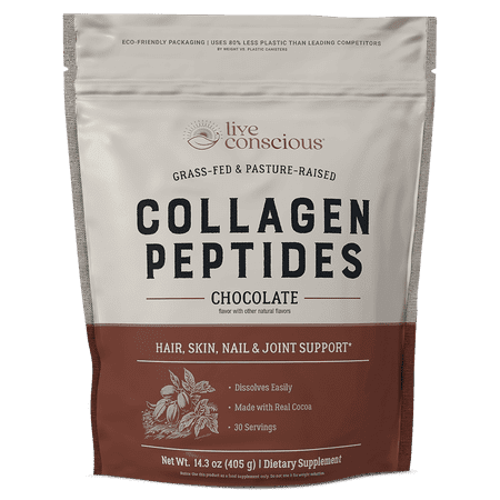Live Conscious Collagen Peptides Powder, Chocolate, Grass-Fed Types I & III, Skin, Hair, Nails & Joint Support, 30 Servings
