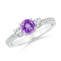 ANGARA Natural Classic Three Stone Amethyst and Diamond Ring in 925 Sterling Silver for Women (Size-5mm) | February Birthstone, Birthday, Anniversary, Jewelry Gift for Women | Natural Amethyst Ring