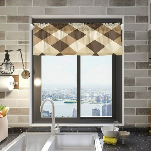 Brown and Beige Check Curtain Valances Window Treatment Rod Pocket Drape Valance 54" X 18" for Kitchen Living Room Bedroom