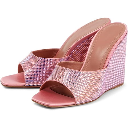 

Wedge Heel Sandals for Women Rhinestone Peep Toe High Heels Summer Heeled Slides