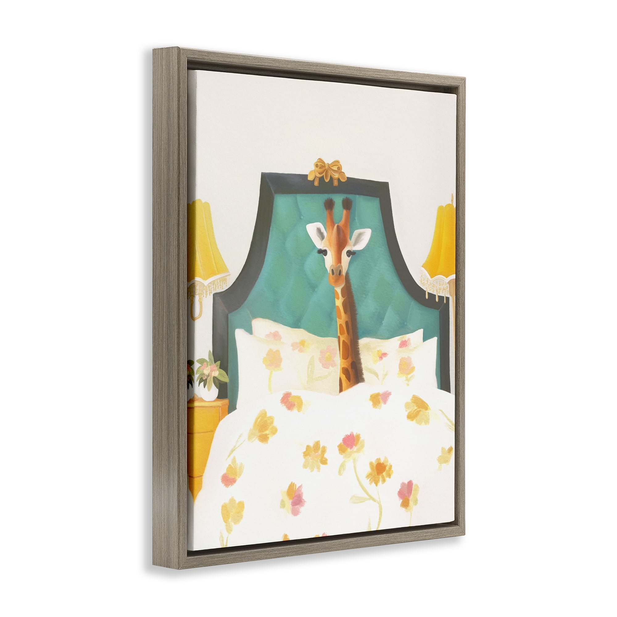 Good Morning Giraffe in Bed Brown Framed Floater Canvas Wall Art, design by Leah Straatsma