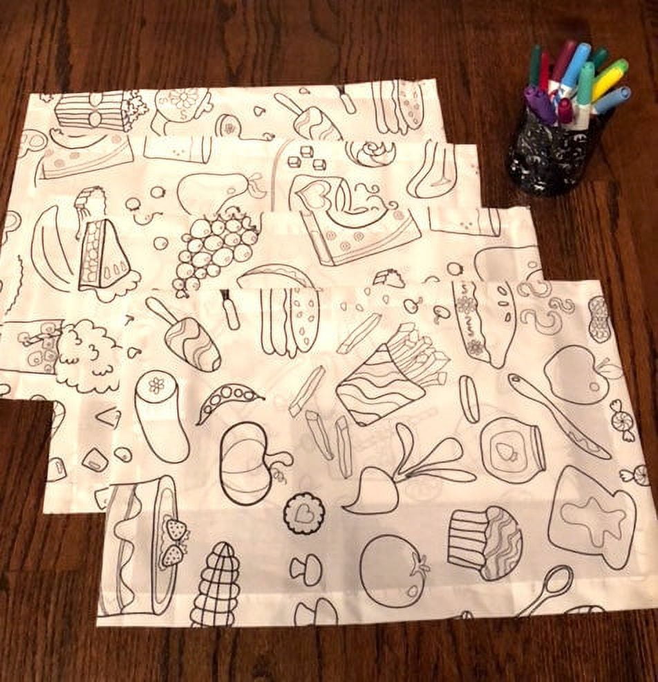 The Coloring Table - Food Fun Design – Set of 8 Placemats (14"x18") - Fabric - Washable and Reusable