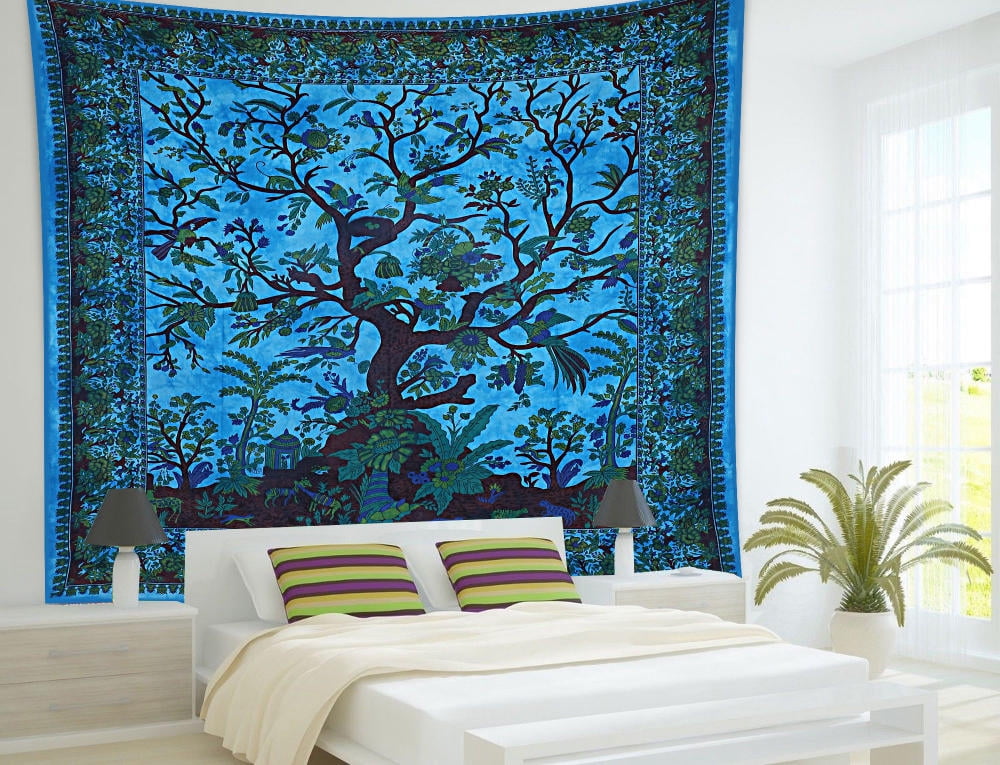 USA Psychedelic Forest Tree Peacock Feather Room Wall Hanging Tapestry Bedspread 