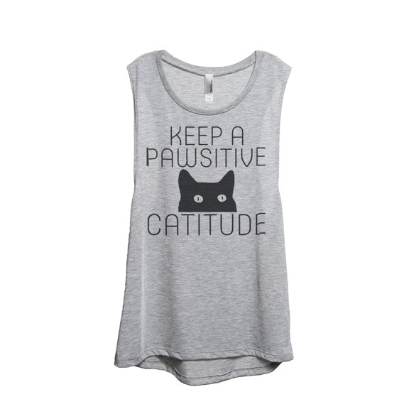 Keep A Pawsitive Catitude Women's Fashion Sleeveless Muscle Workout Yoga Tank Top Sport Grey Medium
