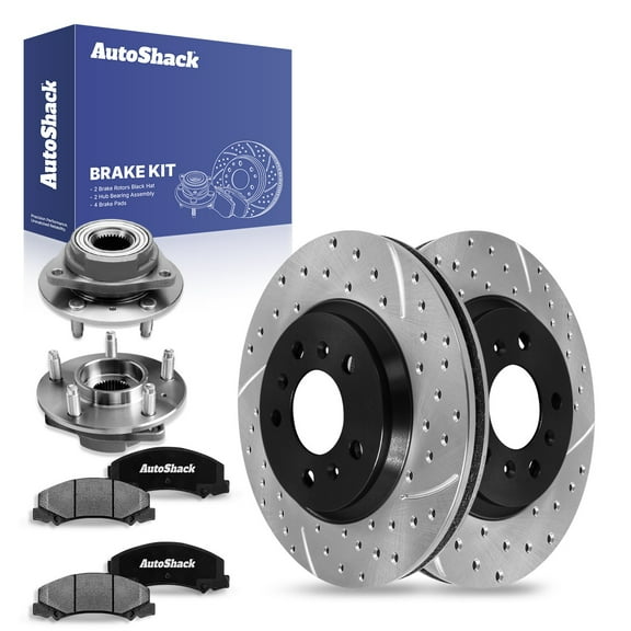 AutoShack Front Drilled & Slotted Brake Rotors Ceramic Brake Pads Wheel Bearing Hub Assembly | Replacement for Chevrolet Monte Carlo 2006-2008 Impala V6 | E-Coated | 8-PC Brake Kit | ShadowGuard