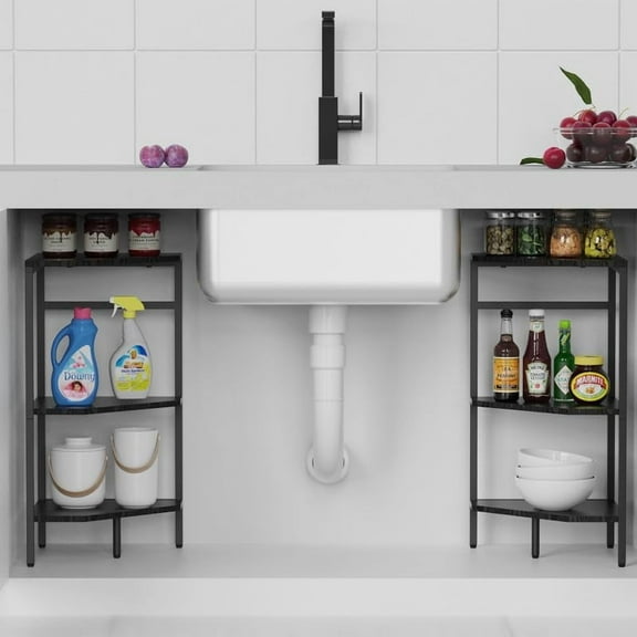 Pedestal Sink Storage, 2 Pack Under Sink Organizer Shelf Bathroom Under Vanity Storage Shelf for Small Space, Bathroom Organizers Rack Stand 3 Tier Wooden Corner Shelves, Rustic Brown