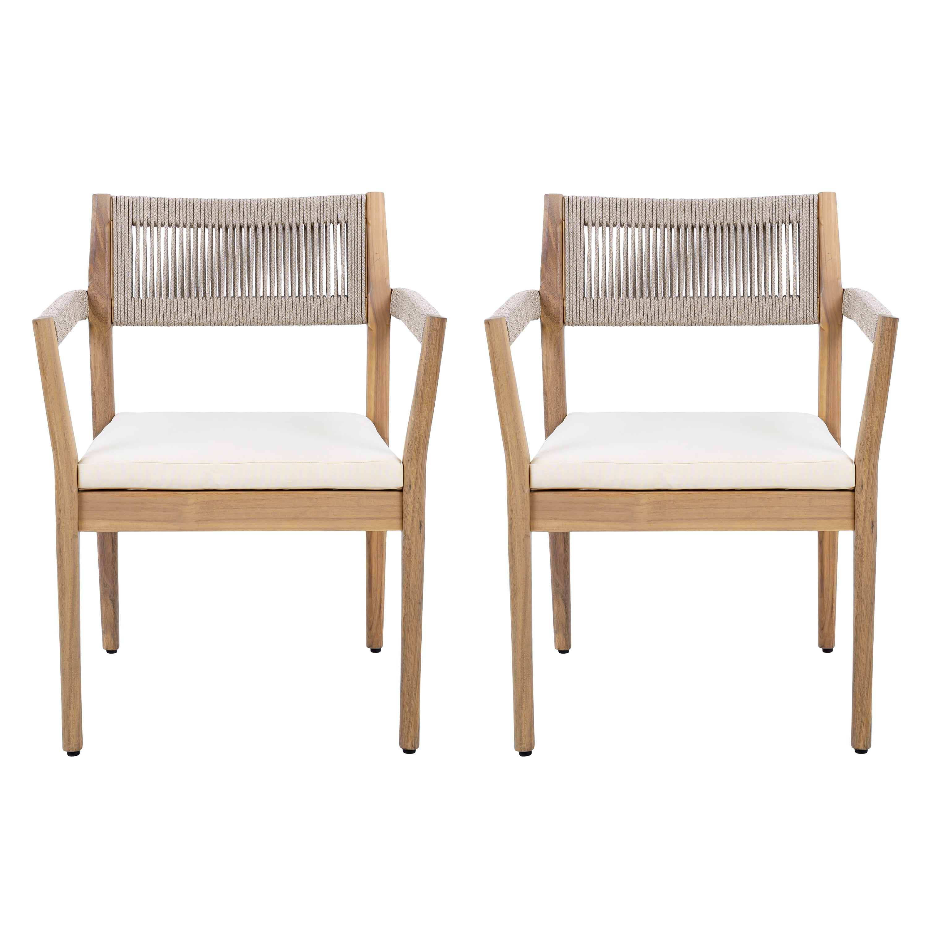 Dining Chairs Set of 2, Outdoor Braided Acacia Wood Chairs with Beige Rope and Cream Cushions for Patio, Teak