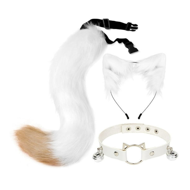 Conjunto de collar y cola con orejas, bonito, decorativo, cómodo y suave, ideal para disfrazarse. Blanco Marrón