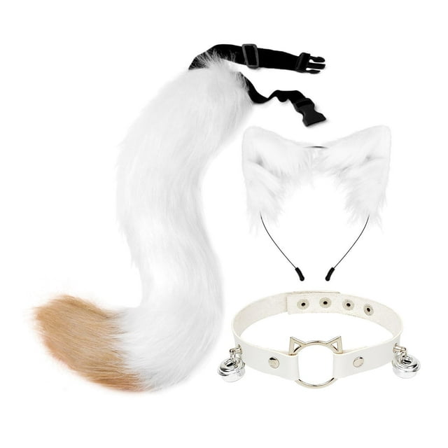 Esquirla Ensemble Oreilles Collier et Queue Chat Cosplay pour Célébrations Cadeau d'Anniversaire Fêtes Blanc Brun