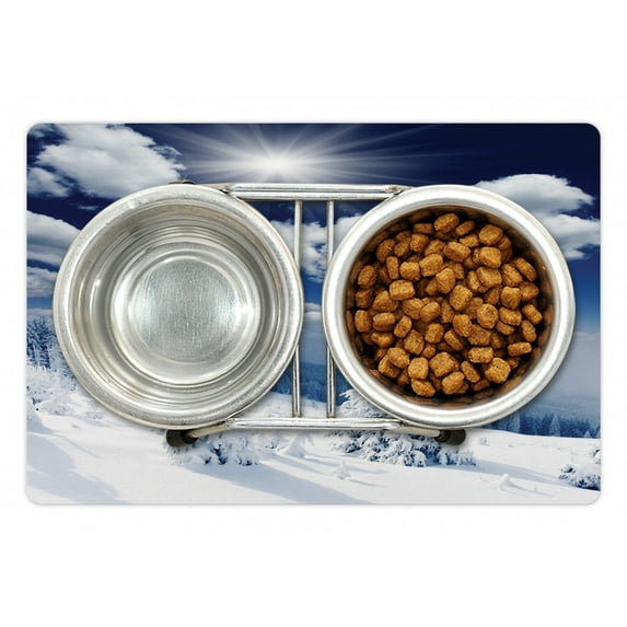 Winter Pet Mat for Food and Water, Winter Landscape on Hills with Snowy Trees and Fluffy Clouds Idyllic Seasonal Image, Non-Slip Rubber Mat for Dogs and Cats, 18" X 12", by Ambesonne