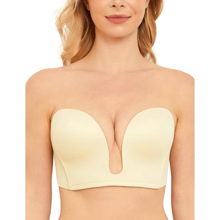 Wingslove Women s Deep Plunge Bra Convertible Multiway Push up Low Cut Strapless V Wireless Bra Clear Back  Beige 34D