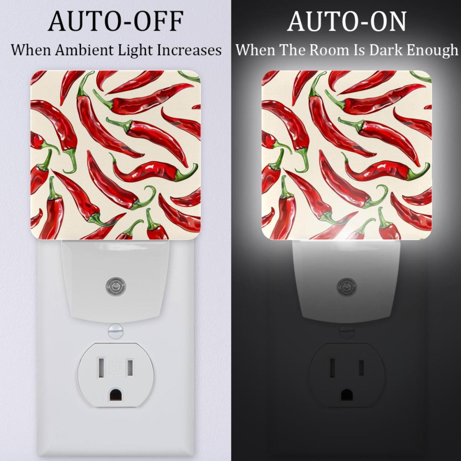 PhooArto Chili Peppers Pattern Plug in LED Night Light Auto Sensor Dusk to Dawn Decorative Night for Bedroom, Bathroom, Kitchen, Hallway, Stairs, Baby's Room, Energy Saving