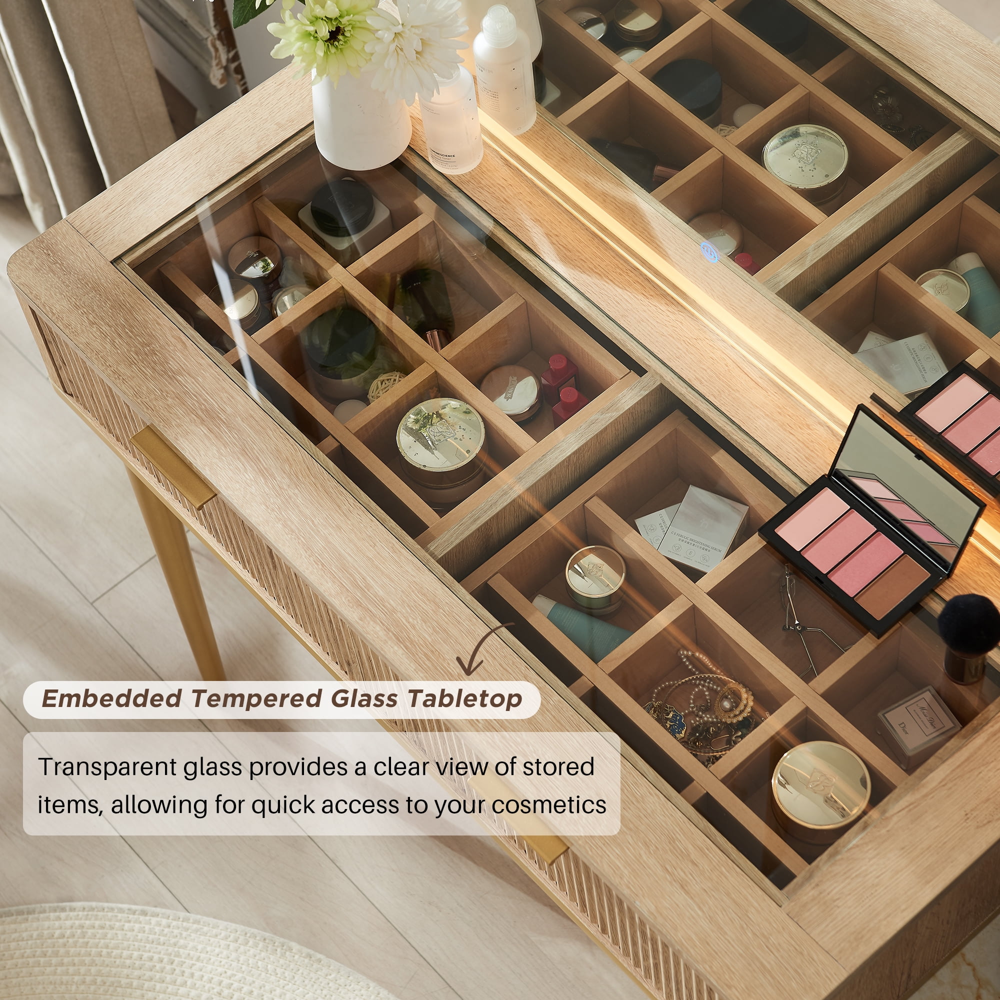 OKD Makeup Vanity Table with Lights and Mirror, Vanity Desk with 5 Drawers and Charging Station for Bedroom,Oak