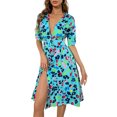 thumbnail image 4 of VISgogo Vestido con escote en V profundo para mujer, estampado floral, manga corta, con botones, de una pieza, azul/verde VISgogo  moda, 4 of 8