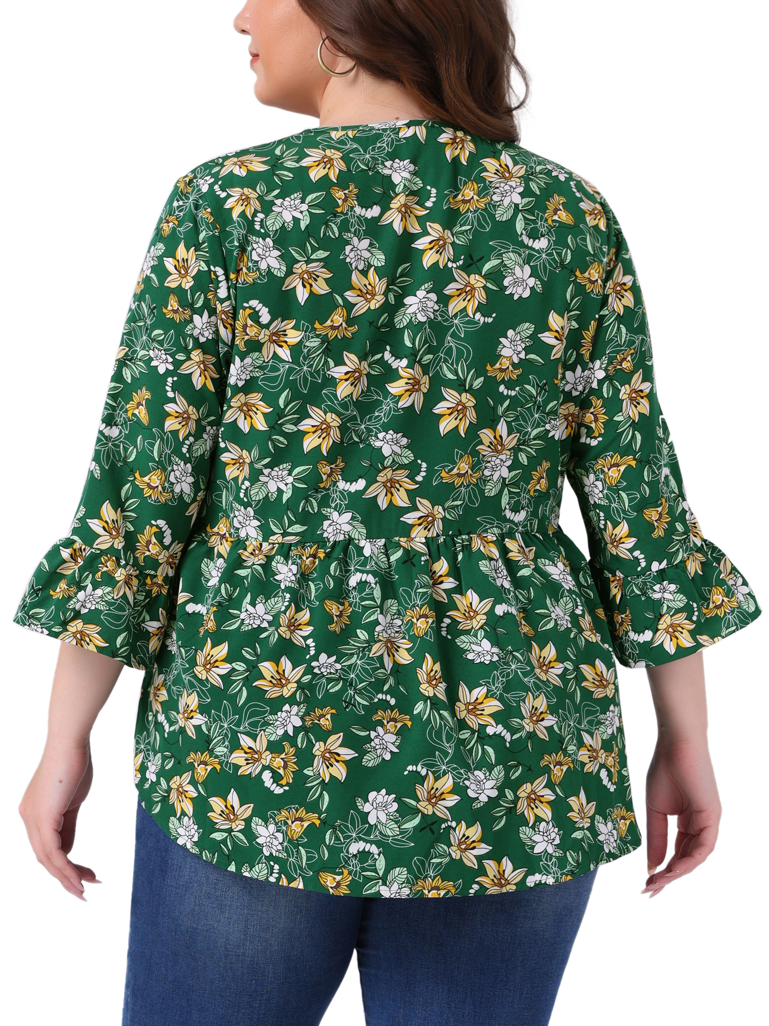 Women's Plus Floral Blouses V Neck Ruffle 3/4 Sleeve Babydoll Peplum Tops 2X Green