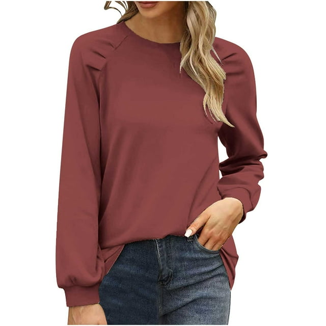 MeetoTime Hauts à Manches Longues en Coton pour Femmes, Habillés, Couleur Unie, Chemise Décontractée de Travail, Tunique à Col Ras du Cou