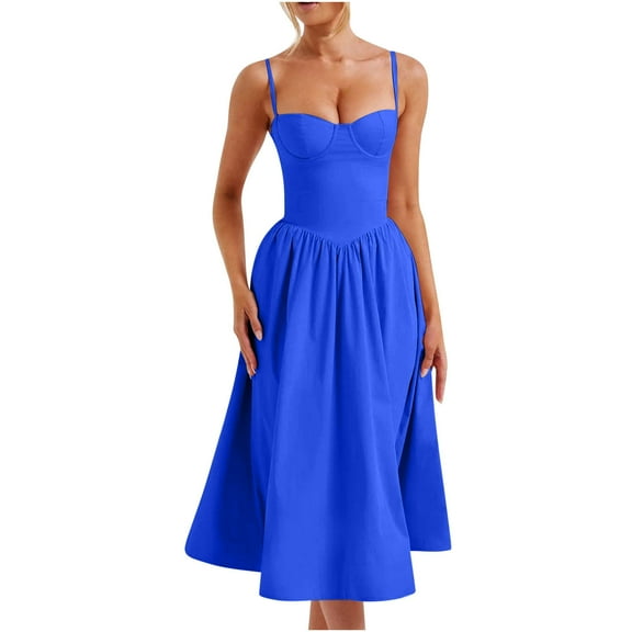 Summer Dresses For Women 2025 Sevevn Slim Fitting Solid Color Strap Pleated Mid Length Dress With Straps