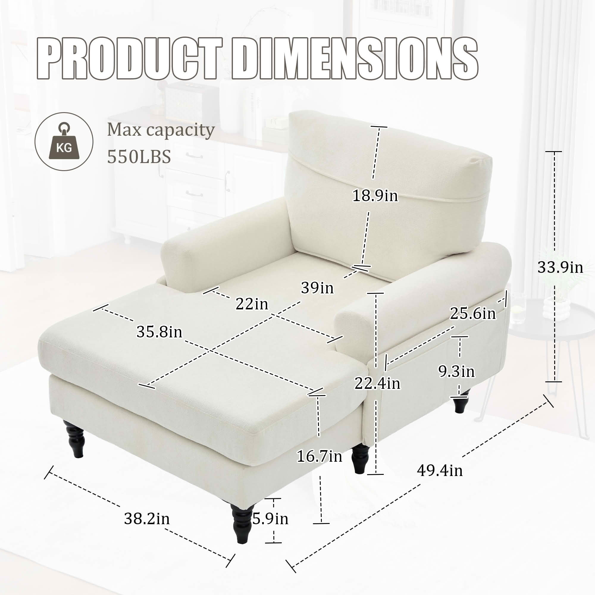 MAYEERTY Modern Minimalist Chenille Chaise Lounge with Armrests & Side Storage Pockets, Wide Seat Single Recliner Sofa with Solid Wood Legs for Living Room Bedroom Office