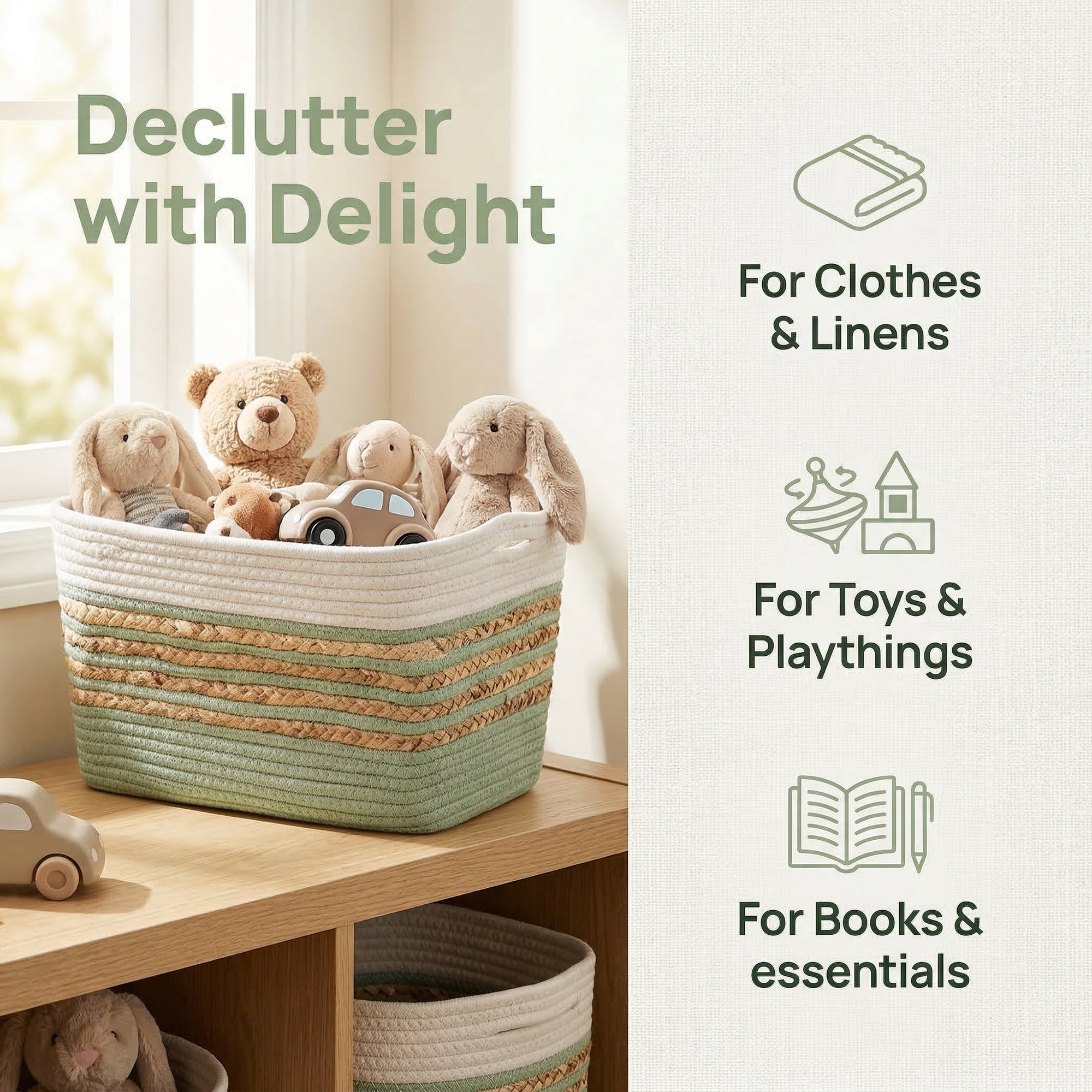 Unique Bargains Woven Storage Basket Storage Bin Green White 15*9.8*9.1in