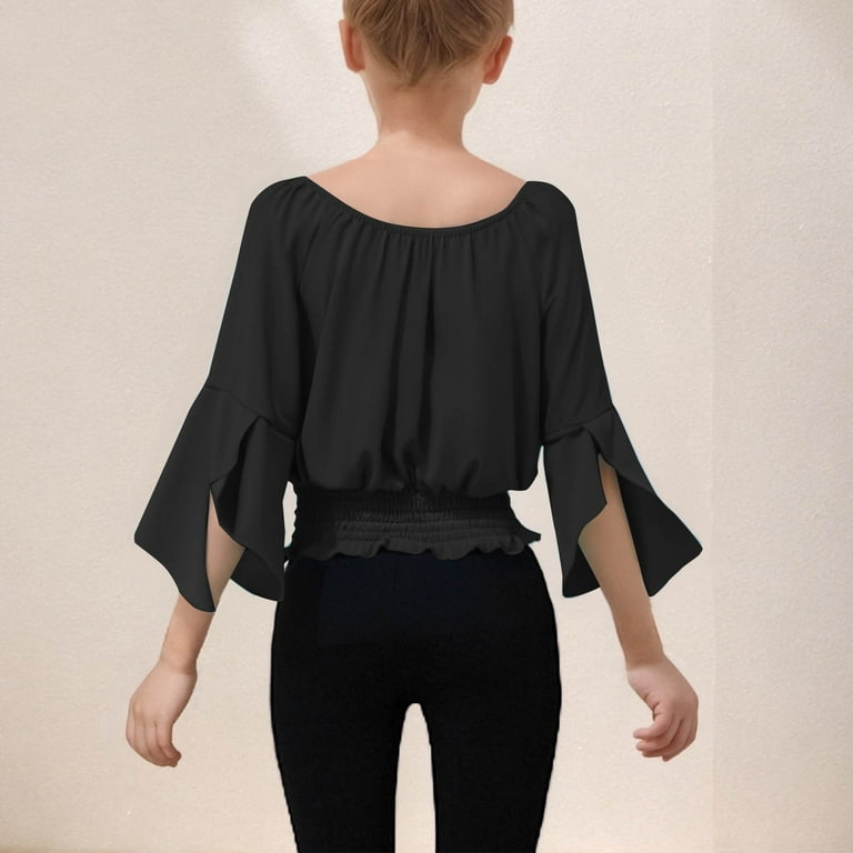 トップス HEVE Puff Shoulder Tops black Hvyesh Girl's Off Shoulder Tops Ruffle Trim Puff Long Sleeve Tube
