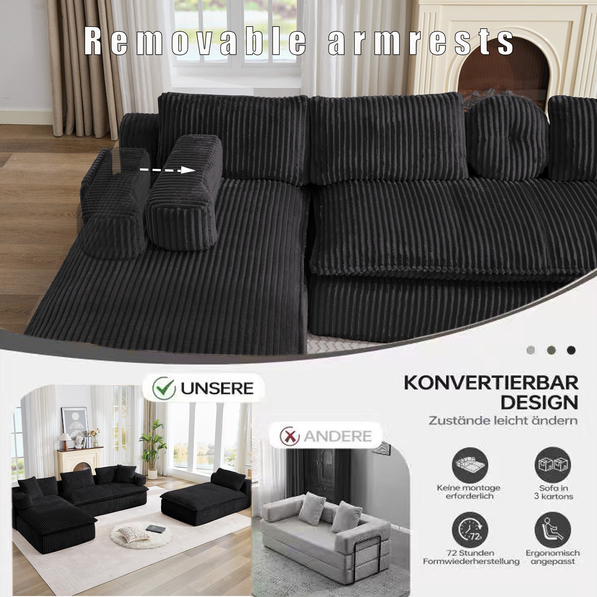 LLappuil Sectional Sofa, Oversized Sectional Couch Convertible Sofa Bed, 6 Seat Corduroy Sofa Couch with Side Pocket for Living Room, No Assembly Black
