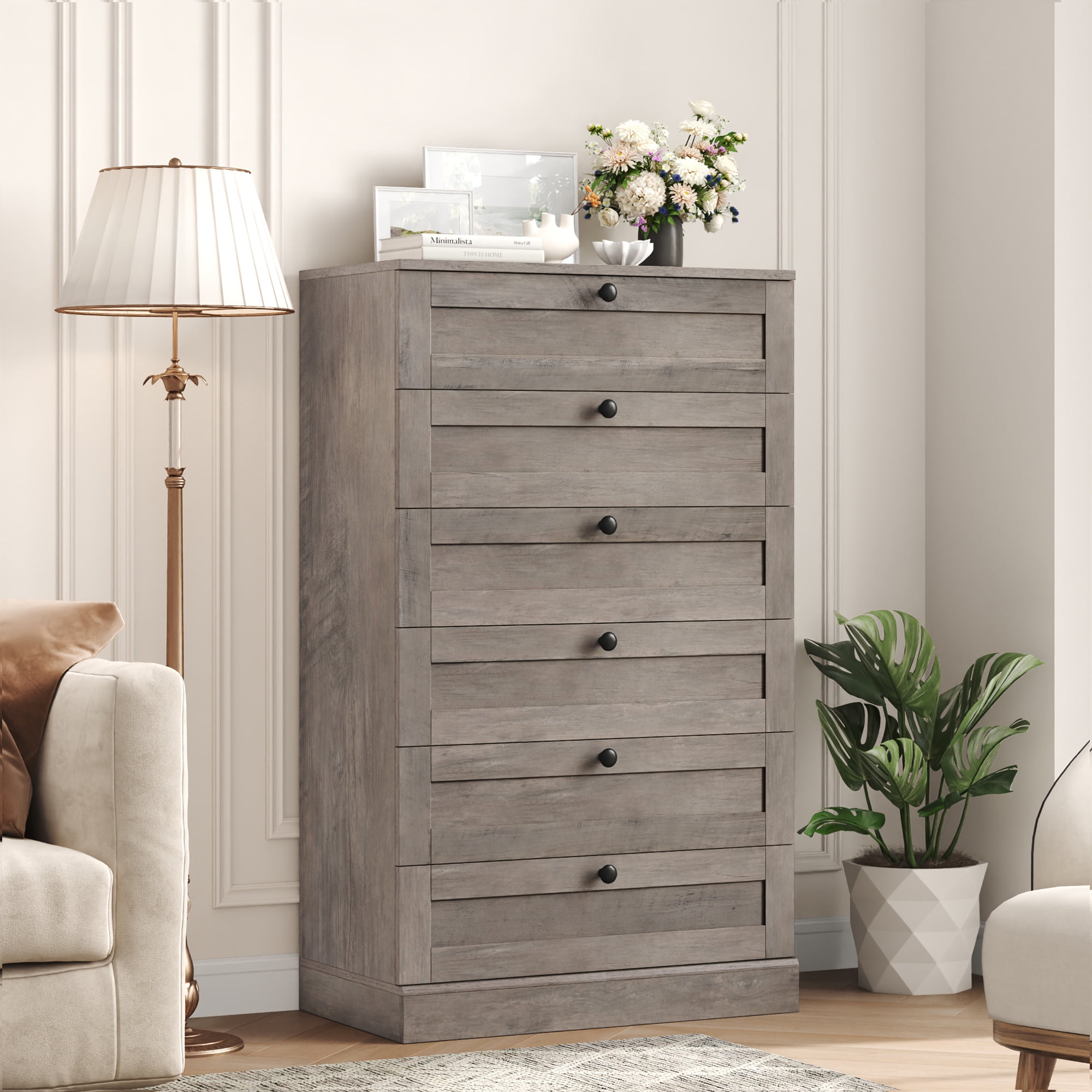 Homfa Dresser for Bedroom with 6 Drawers, Modern Wood Dresser Chest of Drawers for Living Room, Entryway, Hallway, Gray