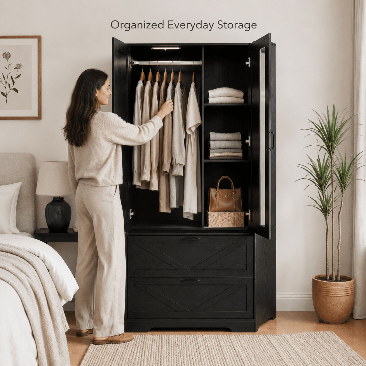 Aukfa 2-Door Wardrobe Armoire with Mirror & Built-In Induction Light, Bedroom Wood Closet with Hanging Rod & 2 Drawers,Black