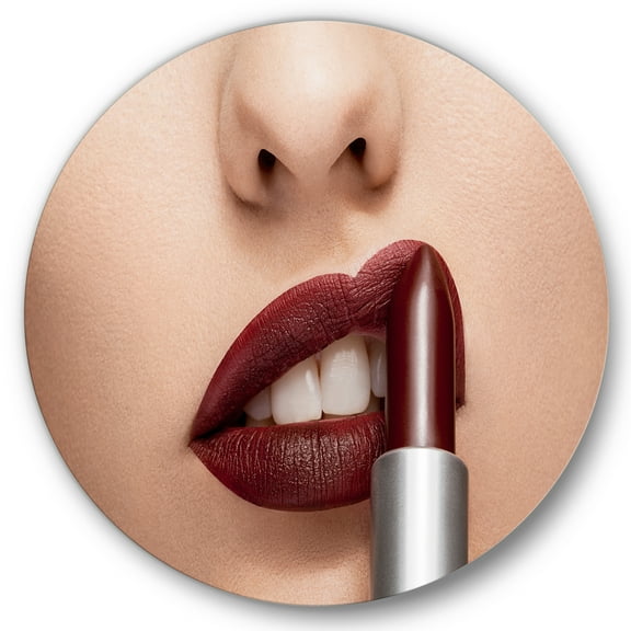 Designart 'Woman Applying Red Lipstick On Lips II' Modern Circle Metal Wall Art 36x36 - Disc of 36