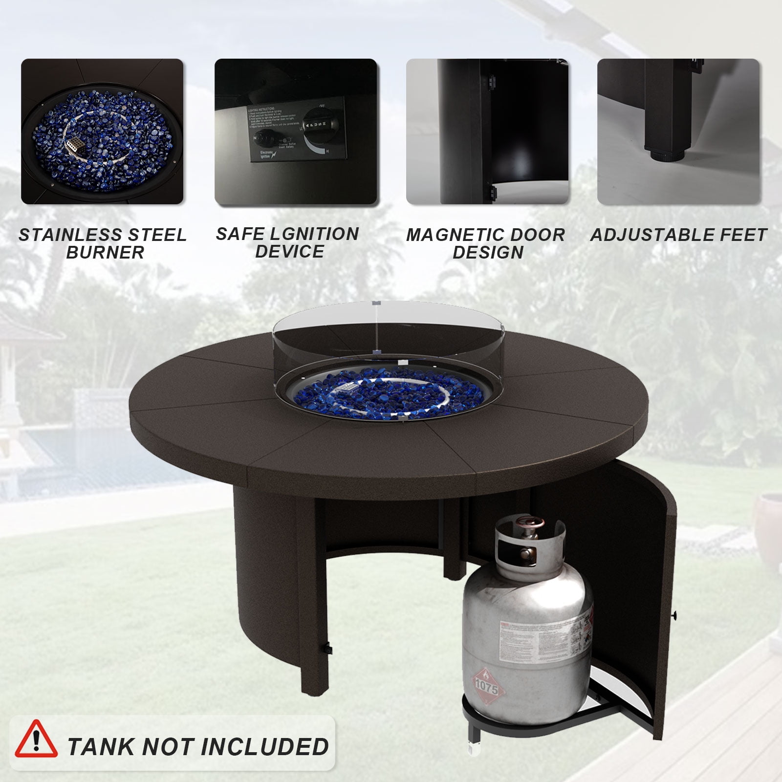 Kullavik 7 Pieces Outdoor Patio Furniture Set with 40000 BTU Round Fire Pit Table,PE Wicker Rattan Swivel Arm Chair Set, Patio Conversation Sets,Sand