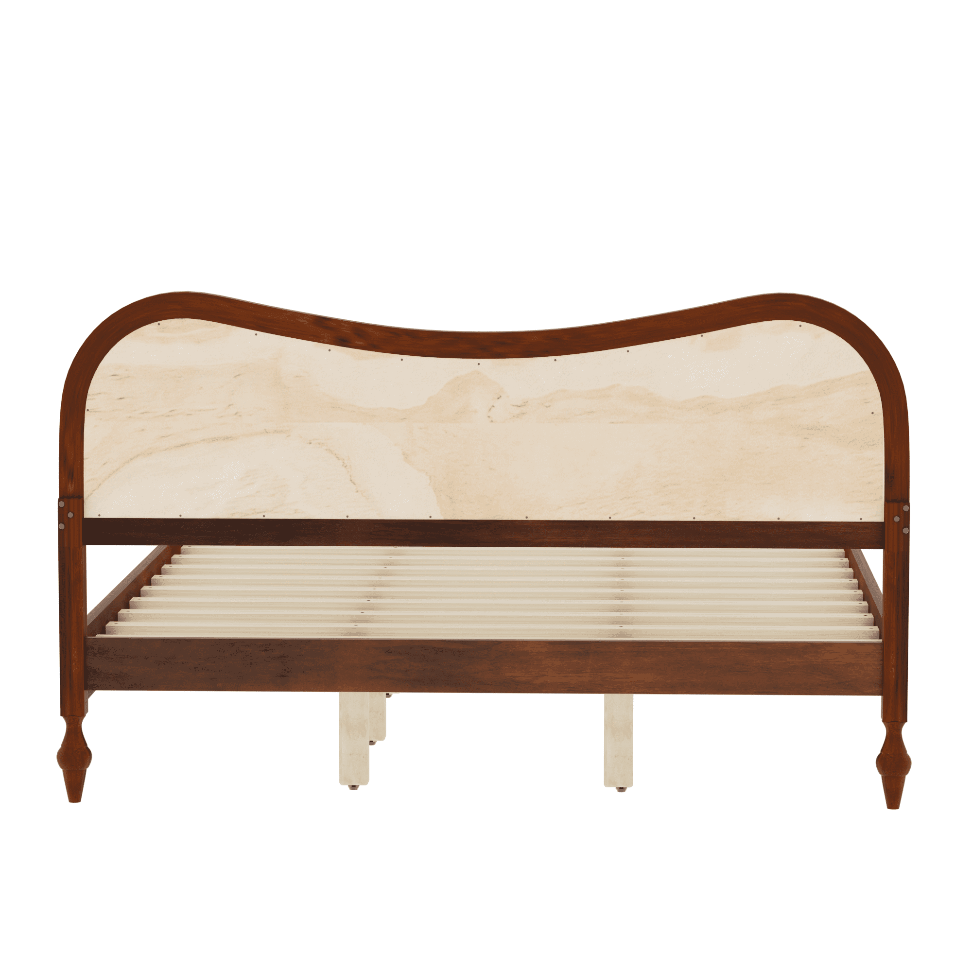 Euroco King Size Mid-Century Wood Platform Bed with Curved Rattan Cane Headboard, Scandinavian Natural Style Bed, No Box Spring Needed, Walnut