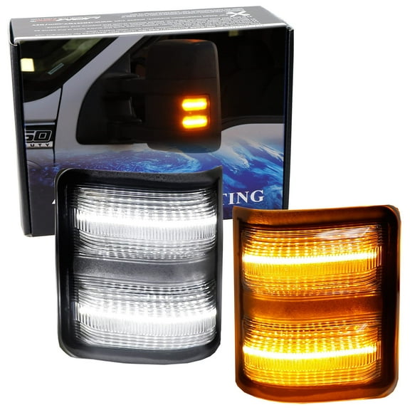 Clear Lens Switchback LED Side Mirror Marker Lamps For 2008-16 Ford F250 F350 F450 Super Duty, (2) Clear Lens, White LED Parking Light, Amber LED Turn Signal Light