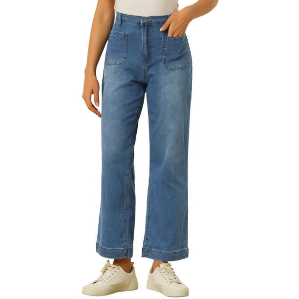 REFINED ATTIRE Pantalones de mezclilla de pierna ancha para mujer, de cintura alta, elásticos y rectos, talla XS, color azul